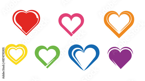 Set of colorful heart icons in various colors