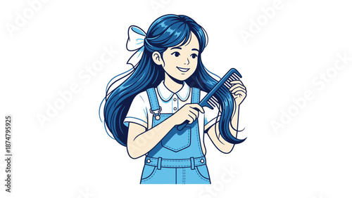 Young Girl Brushing Her Long Blue Hair with a Comb.