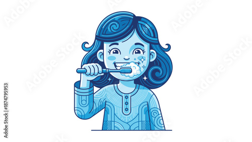 Young girl brushing her teeth with a toothbrush.