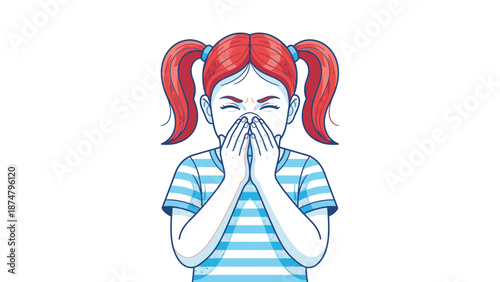 Young girl with red pigtails covering her nose and mouth.