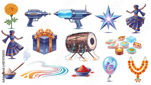 Collection of scifi and fantasy themed objects and characters