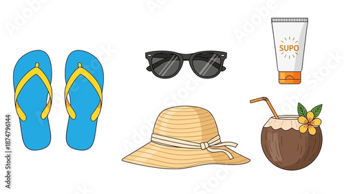 Summer vacation essentials sunglasses, flip-flops, sun hat, and coconut drink for a perfect getaway