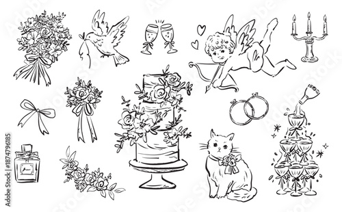 Whimsical doodle style hand drawn line art vector clipart set for wedding, Valentine’s Day, banner, postcard, poster and web design