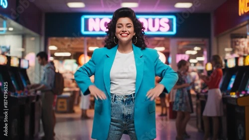 Smiling woman in retro turquoise blazer and acid wash jeans poses in a neon-lit arcade