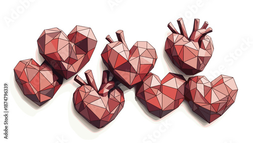 Set of six low poly hearts with geometric design