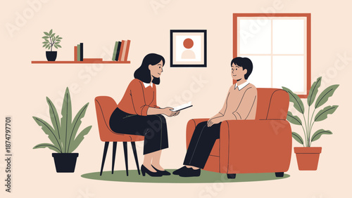 Therapist consulting patient on couch office setting.