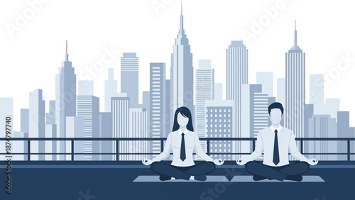 Business Couple Meditating in City Skyline.