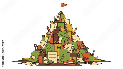 Paperwork pile office documents chaotic workspace.