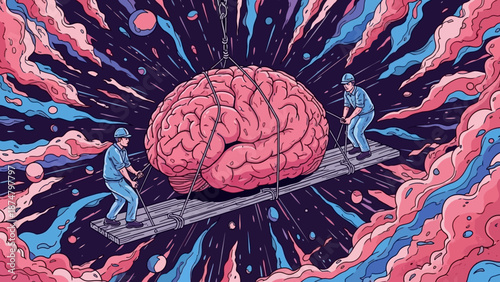 Brain being carried by two men mental work cognitive overload.