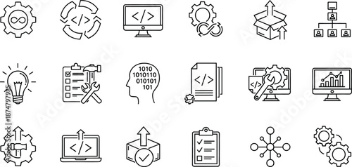 Black and white linear icon set for software development DevOps agile workflow coding and digital transformation technology concepts