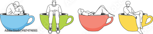Vector illustration set of people sitting lying and relaxing inside large colorful coffee mugs for self care concepts