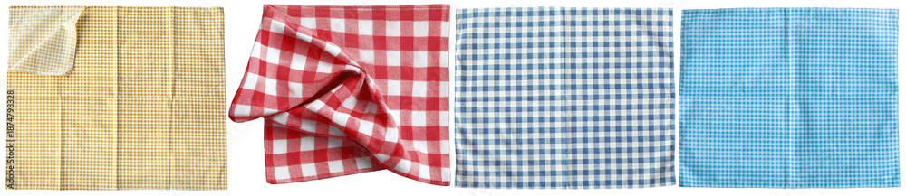 Fototapeta premium a collection of colorful gingham checkered tablecloths and napkins in various shades of yellow, red, and blue, photographed from above.