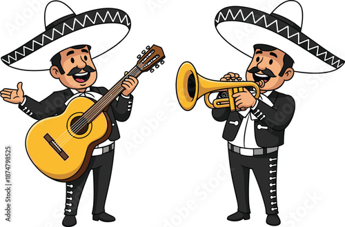 Mexican mariachi musicians cartoon playing guitar and trumpet traditional sombrero outfits festive culture illustration isolated white background vector