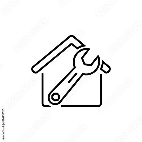 Home Repair and Maintenance Service Icon - Outline Vector Symbol of House and Wrench for Property Management, Handyman, or Technical Support.