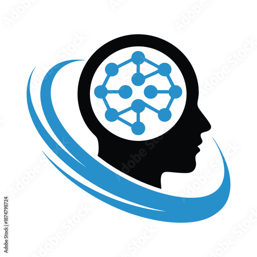 Black human head profile with blue molecular structure inside brain  thinking concept