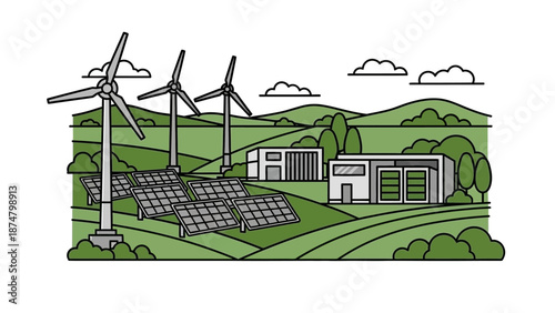Renewable Energy Farm with Solar Panels and Wind Turbines.