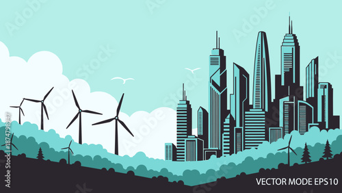 Sustainable city skyline with wind turbines and skyscrapers.