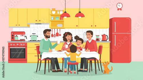 Family having breakfast together in modern kitchen.