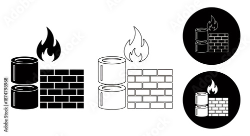 Illustration of barrels on fire next to a brick wall in black and white style.