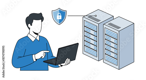 Man securing data on laptop with server protection shield icon.