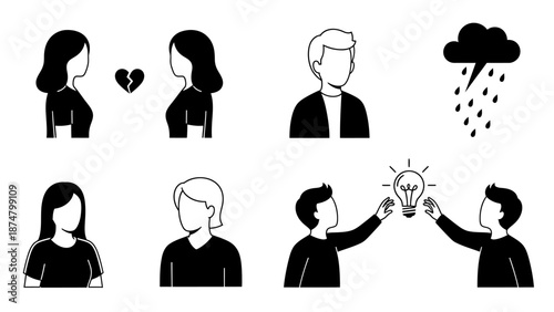 Set of black and white illustrations depicting various human emotions and interactions.