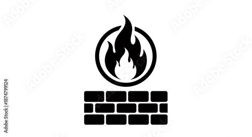 Firewall security protection icon with flame and brick wall.