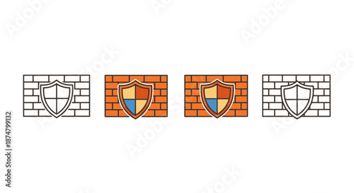 Set of shield icons with brick wall background in different styles.