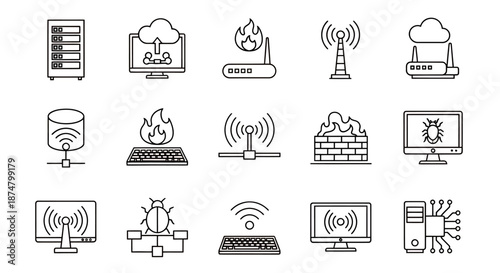 Set of black line icons representing various wireless and network technologies.