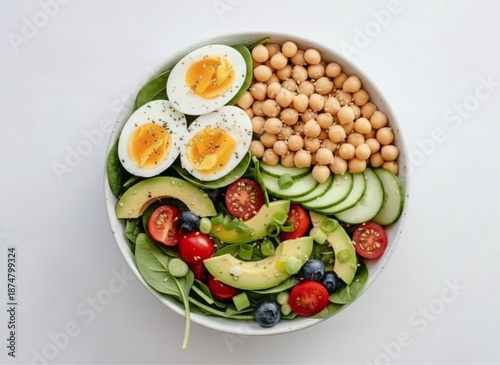 Tazón de ensalada saludable con espinacas, huevo cocido, aguacate y tomates cherry vista superior.