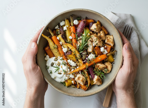 Manos sosteniendo un tazón de almuerzo saludable con pollo, zanahorias asadas, salsa de yogurt y romero vista superior.