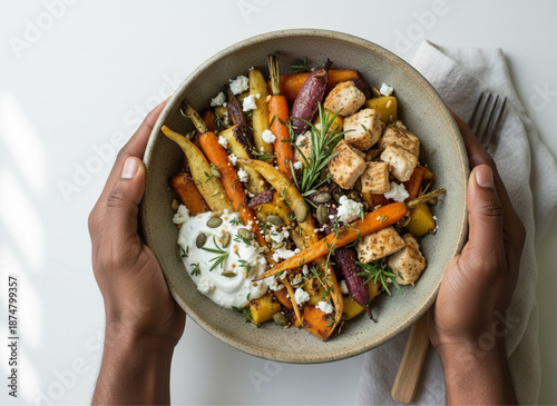 Manos sosteniendo un tazón de almuerzo saludable con pollo, zanahorias asadas, salsa de yogurt y romero vista superior.