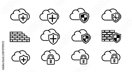 Set of cloud computing icons with security and protection symbols.