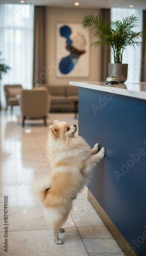 Perro pomerania esperando atención en el mostrador de un hotel moderno