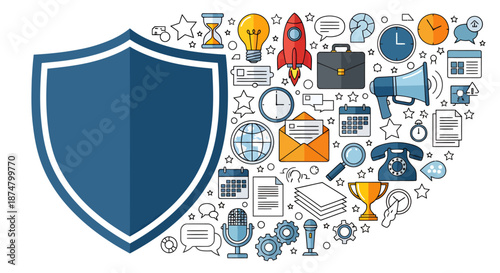 Conceptual illustration of cybersecurity and data protection with shield and technology icons.