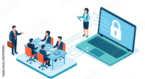 Business team collaborating on cybersecurity strategy with secure laptop connection.