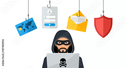 Cybersecurity concept showing hacker stealing sensitive information through phishing attacks.