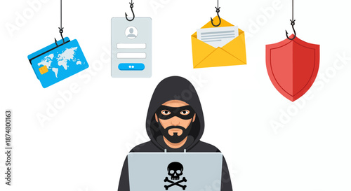 Cybersecurity hacker stealing sensitive information with phishing and malware threats.