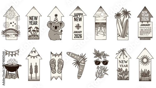 Collection of new year and holiday themed illustrations and icons