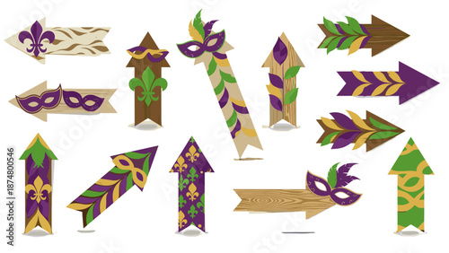 Colorful decorative arrows with festive ribbons and patterns
