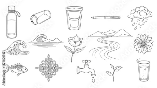 Collection of handdrawn nature and outdoor elements illustrations