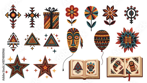 Collection of traditional african masks and symbols with vibrant colors