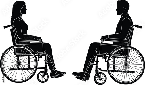 Wheelchair users silhouette illustration male and female facing each other disability accessibility mobility healthcare inclusion vector design concept support equality
