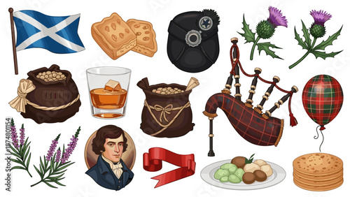 Collection of scottish cultural symbols and traditional items