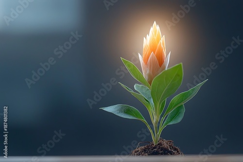 Brightly Illuminated Flower Growing from Soil in a Dark Background with Soft Glow Effect
