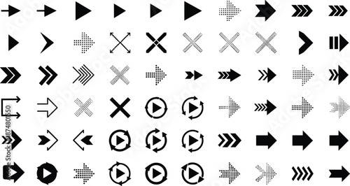 Set of black arrow icons, directional symbols, cursor pointers, playback buttons, refresh cycles, dotted arrows, and geometric graphic elements for design.