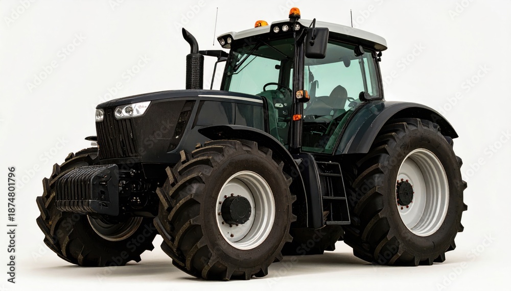 Obraz premium Powerful black tractor with large tires on a white background.