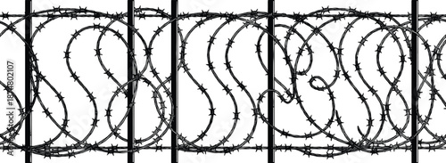 Barbed wire fence silhouette background, sharp metal security barrier pattern, danger restriction concept, black vector illustration