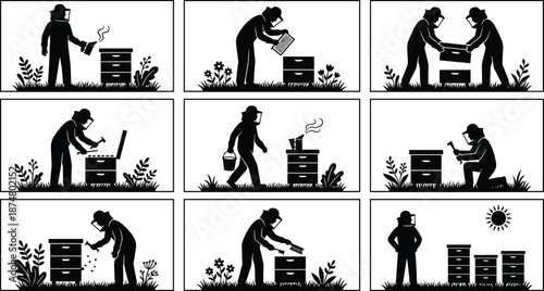 Beekeeping process silhouettes showing beekeeper working with beehives honey production apiary steps black vector illustration