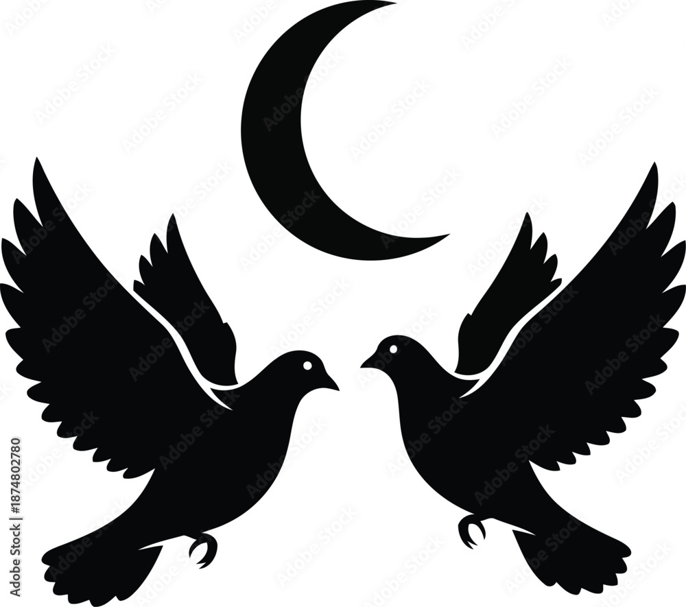 Obraz premium Elegant Silhouette of Two Birds and Moon Icon Design