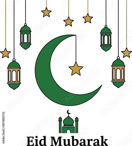 Festive eid mubarak celebration background with mosque, traditional lanterns and moon